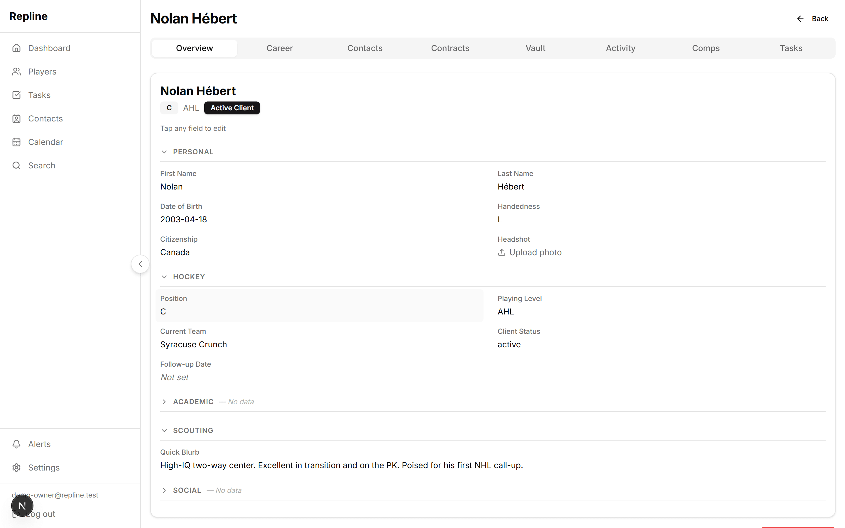 Repline player profile for a hockey client showing personal info, position, playing level, current team, and scouting blurb