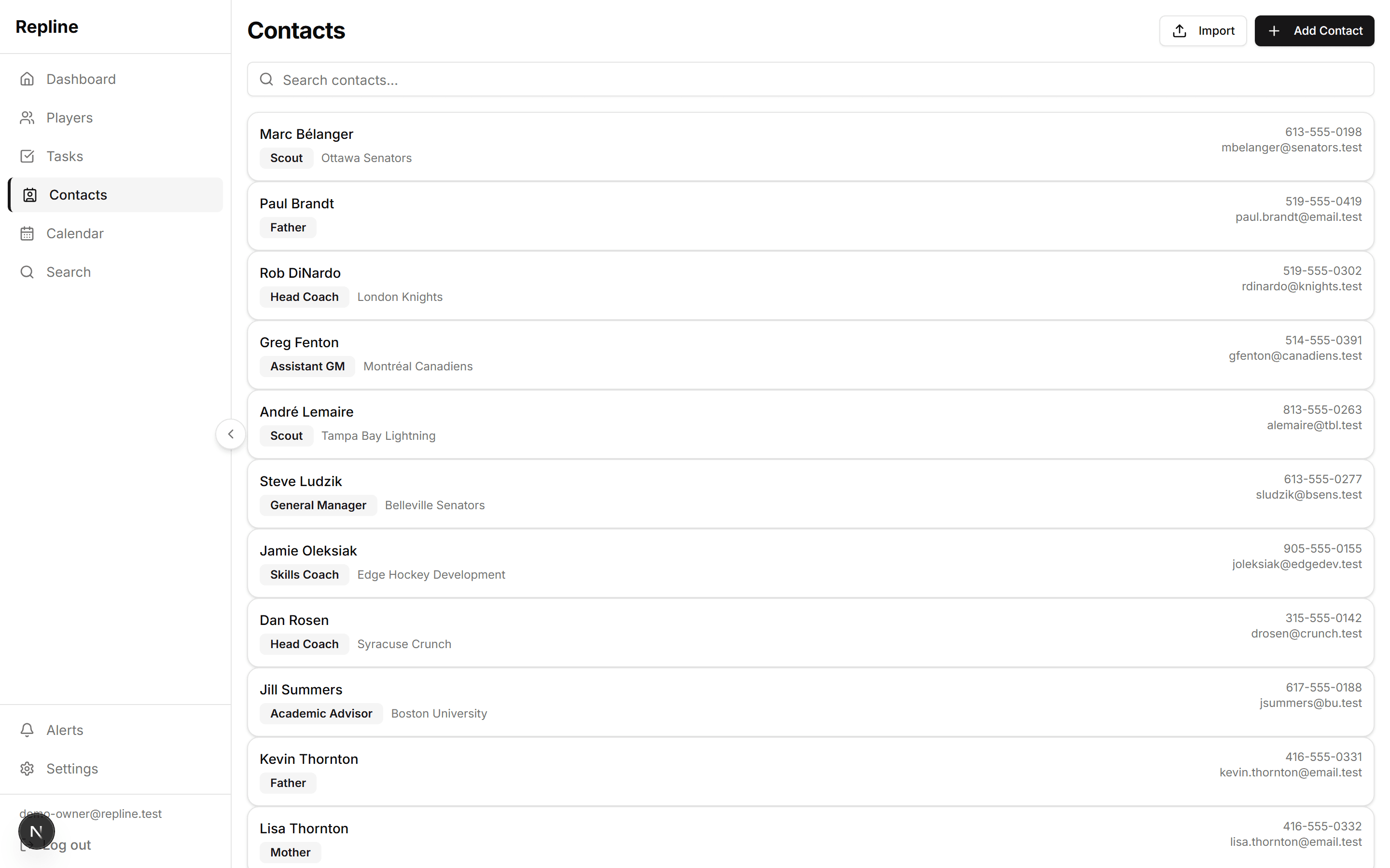 Contact management list showing scouts, coaches, parents, and GMs with their team affiliations and contact details — organized for hockey agent relationship tracking