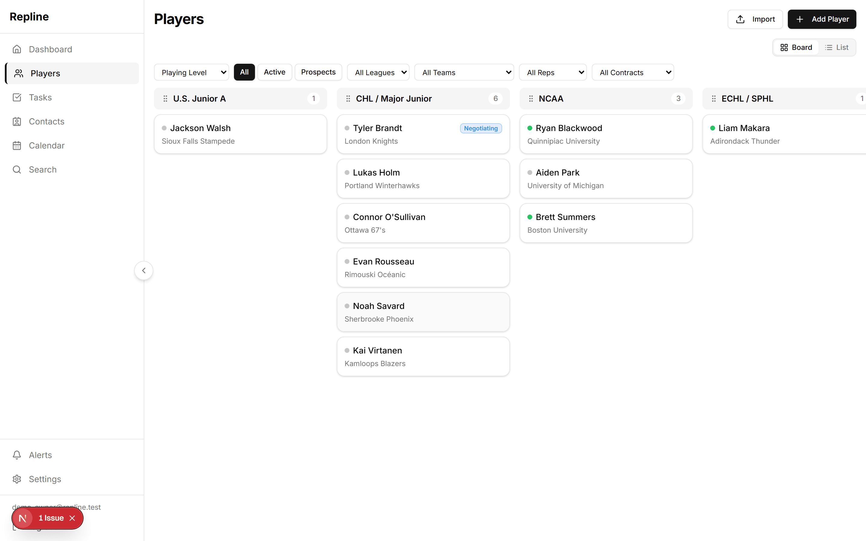 Repline player pipeline organised by playing level — U.S. Junior A, CHL Major Junior, NCAA and ECHL — following clients across teams rather than within one roster