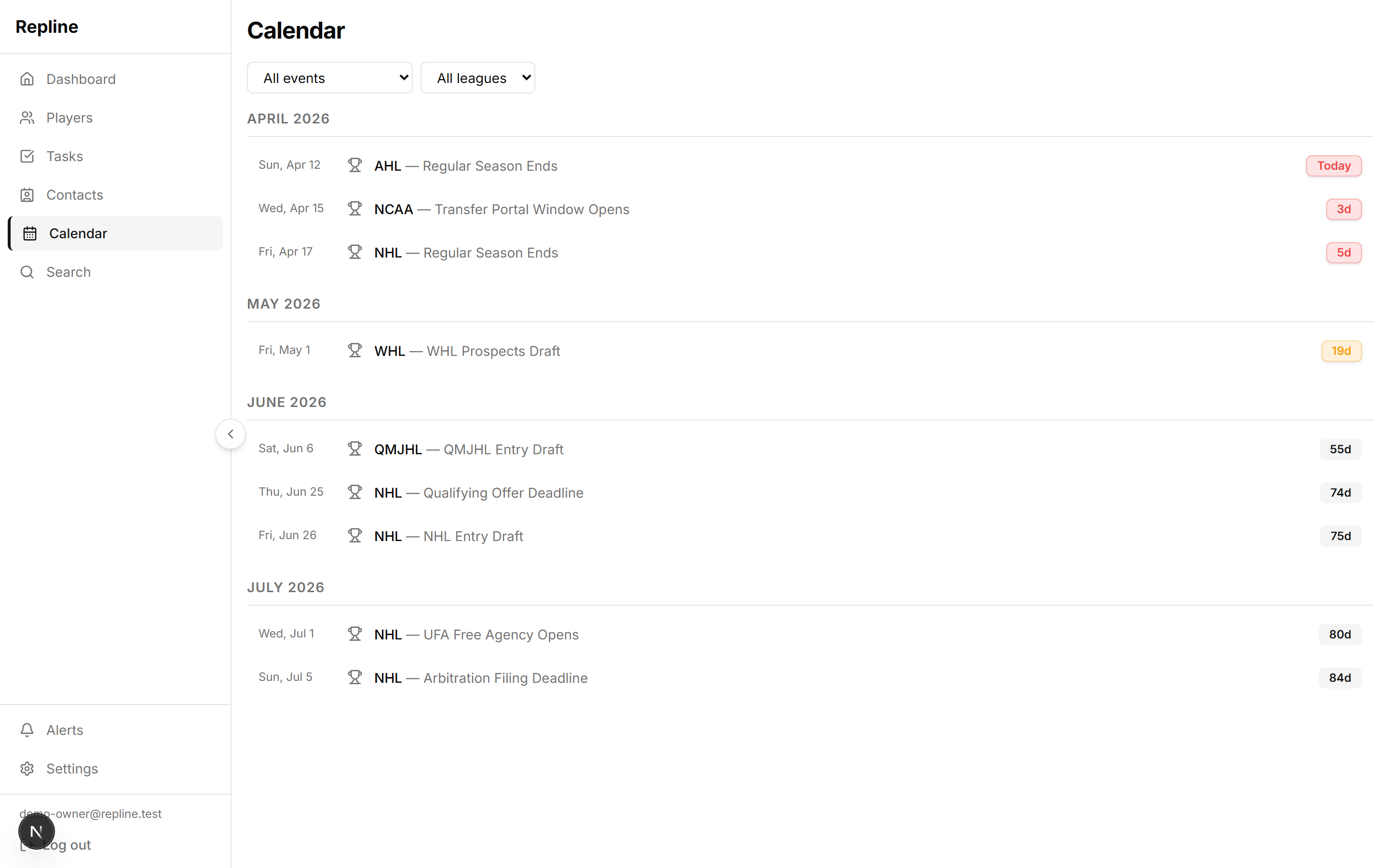 Repline calendar showing league key dates — AHL season end, NCAA transfer portal, NHL draft, and UFA free agency deadlines