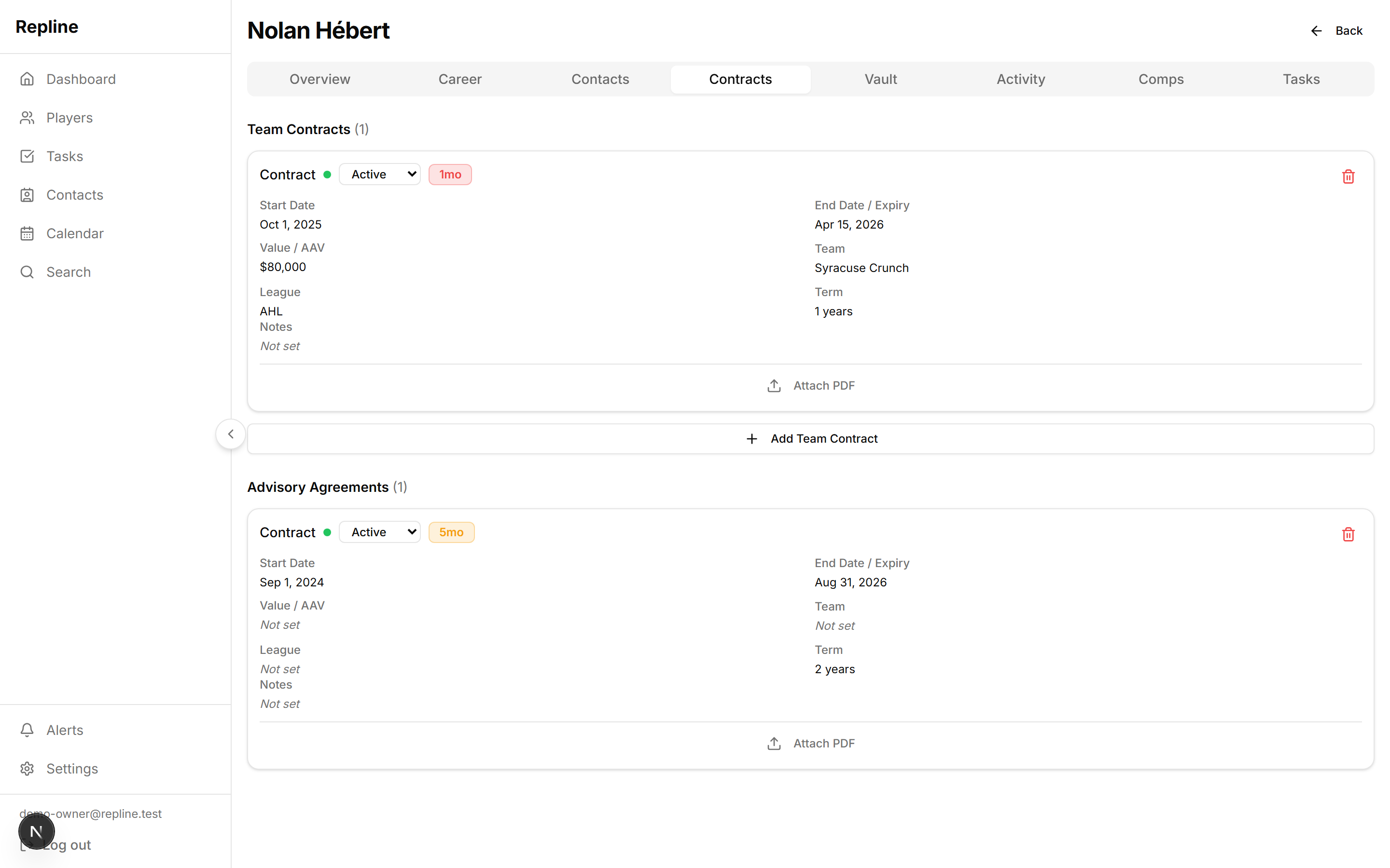 Repline contract management showing a team contract and advisory agreement with start dates, expiry, value, and term details