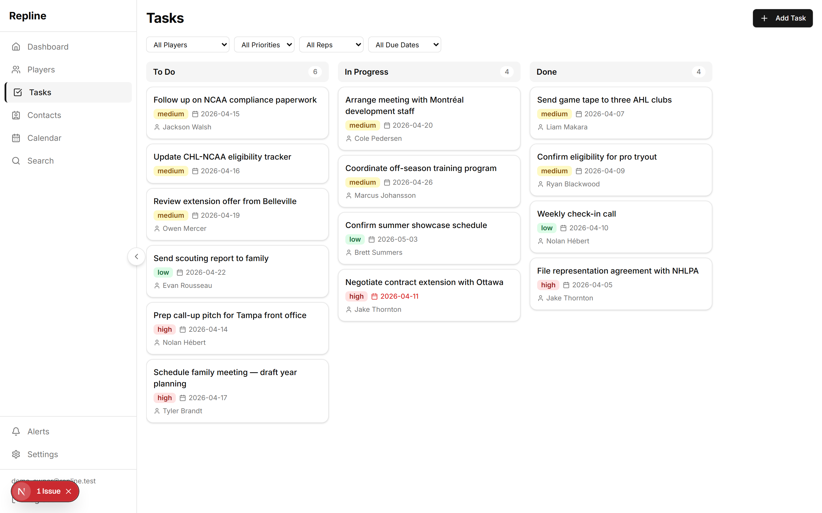 Repline task management board with kanban columns showing contract negotiation tasks, compliance follow-ups, and player communication
